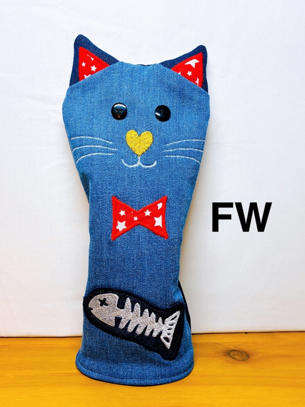 【F-411】Golf Fairway wood Head Cover Denim Jeans Cat Handmade by Shizu